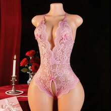 性感內衣配件 花卉蕾絲扇形泰迪熊 深V掛脖設計 露背開襠連身褲 女款彈性性感服飾 - 粉色 - 查看 6