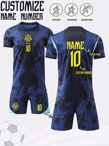 2pcs Jersey For Men, Brazil Football Uniform, Personalized Football Shirt, Sports Suit For Men, Running Set For Men, Summer Outfit For Men, T-Shirt Set, Customized Football Jersey With Number, Suitable For Football, Badminton, Basketball, Cycling - Navy Blue - View 1