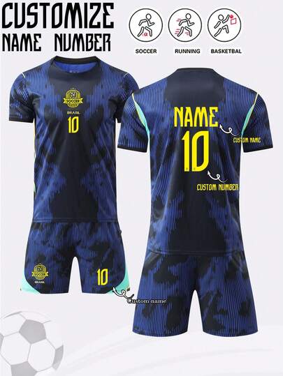 2pcs Brazil Football Jersey, Personalized Football Uniform, Men's Sports Suit, Running Set, T-Shirt Set, Suitable For Football, Badminton, Basketball, Cycling