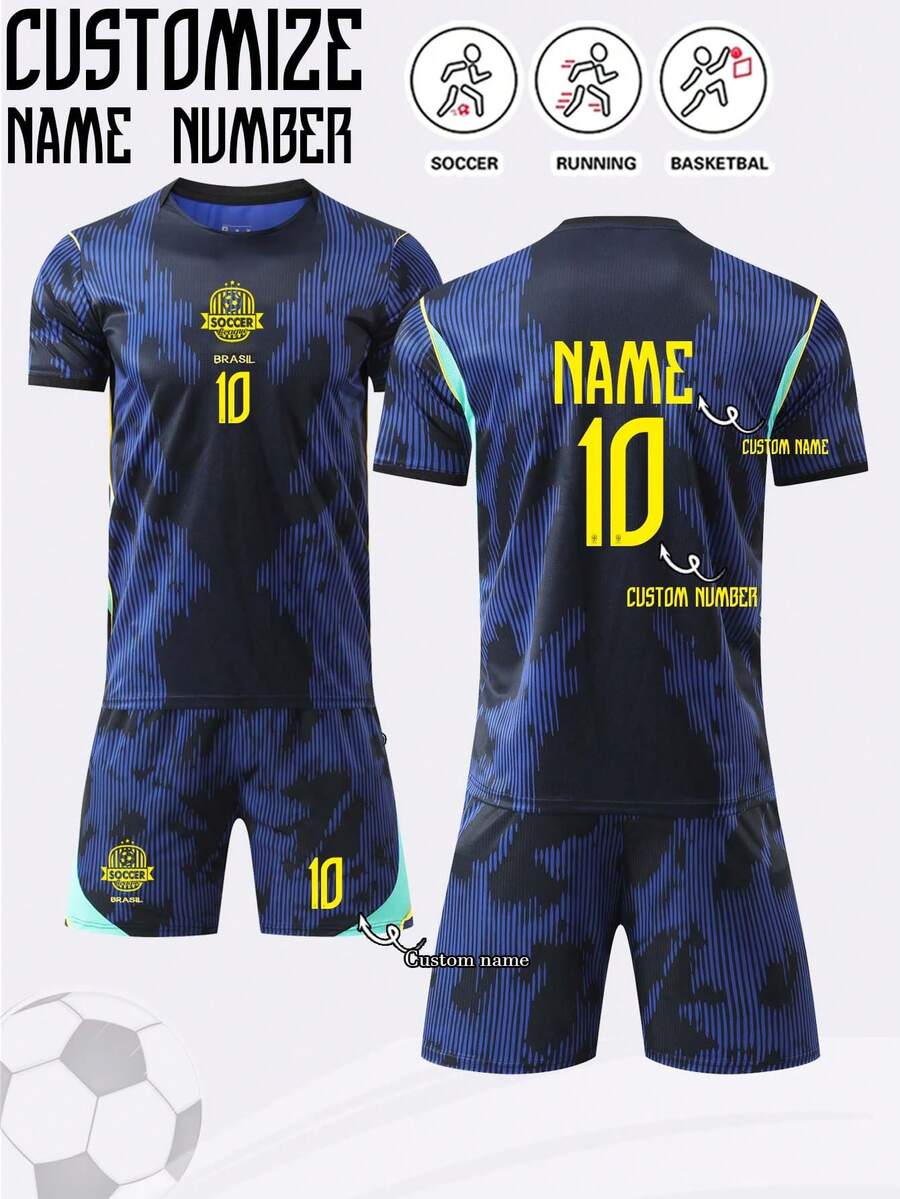 2pcs Jersey For Men, Brazil Football Uniform, Personalized Football Shirt, Sports Suit For Men, Running Set For Men, Summer Outfit For Men, T-Shirt Set, Customized Football Jersey With Number, Suitable For Football, Badminton, Basketball, Cycling - Navy Blue - View 1