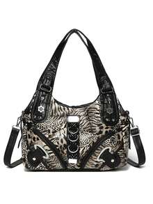 朋克豹纹单肩包，多口袋大容量通勤手提包（女士款） - A - 查看 13