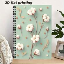 A5 Size Fresh Cotton Flower Spiral Coil Lined Notebook, Minimalist Elegant Cover, Delicate Strokes Outlining Cotton Flower Shape, Paired With Soft Elements, Showcasing Literary Elegance. Smooth Writing, Lined Interior Design, Suitable For Notes, Diaries, Planners And More, Adding A Refined Atmosphere To Your Writing, An Excellent Choice To Record Life And Inspiration. - Z - View 4