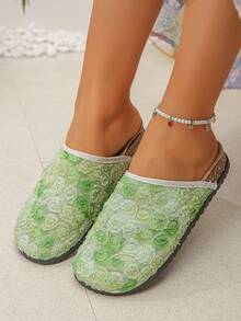 New Women's Flat Shoes, Mesh Bottom With Floral Decor, Casual For Daily Wear, Comfortable And Versatile Flat Sandals For Beach, Holiday, Party, Gradient Green Color With Random 3D Floral Pattern - Gradient Green - 3D Flower - View 3