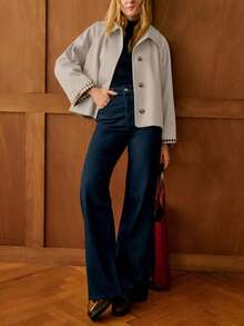 Women's Plaid Lining Short Trench Coat, Lightweight Button Down Jacket With Pockets, Casual Preppy Workwear For Spring Summer - 米色 - 查看 5