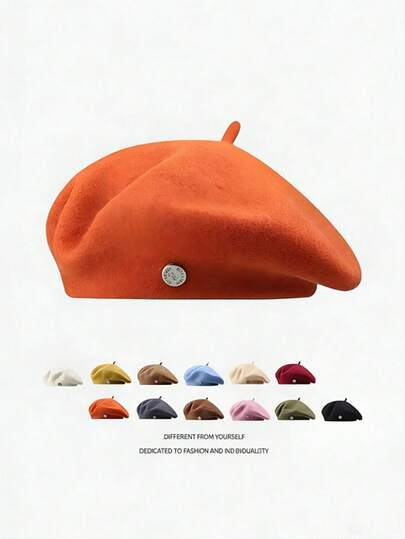 1pc Unisex Solid Color Felt Beret Hat With Metal Logo Decor, Versatile Casual Vintage Style, Suitable For Spring, Summer, Autumn, Winter, Comfortable, Breathable, Flattering, Ideal For Daily, Outdoor, Camping, Hiking, Cycling, Travel, Beach, Party And Various Occasions