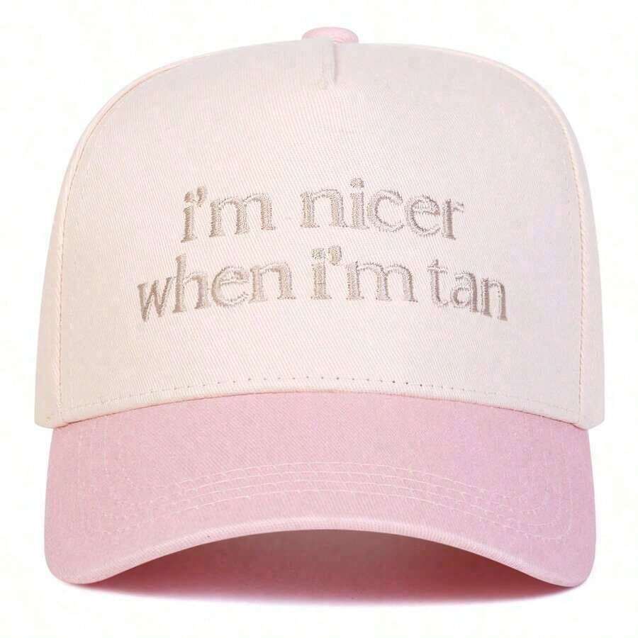 1pc Women's I'NICER WHEN I'TAN Trucker Hat, Personalized Letter Embroidery Baseball Cap, Street Fashion Five-Panel Hat, Outdoor Casual Cap Spring/Autumn Travel, Beach Vacation. - Bột gạo - Xem 1