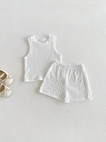 婴幼儿男女通用休闲套装 - 白色竖条纹无袖上衣+短裤两件套 - 白色 - 查看 12