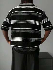 Men's Hollow Out Semi-Sheer Striped Knit Short Sleeve Polo Shirt, Comfortable Breathable Lightweight Knit Top For Casual Wear, Suitable For Vacation And Valentine's Day - màu đen - Xem 3