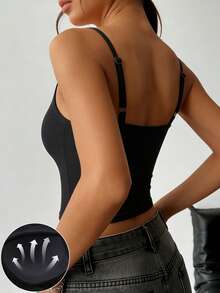 1pc Women's Basic Casual Round Neck Ribbed Camisole Top, Fitted Sleeveless Front Button Adjustable Strap Seamless Tank Top, Solid Black For Daily Wear - Black - View 5