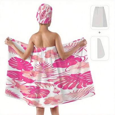 1/2pcs Pink Bathrobe Pattern Design, Button Bathrobe And Hair Towel Set - Soft Polyester, High Absorbency Bath Towel Bathrobe 2 Pieces Set With Bathrobe And Shower Cap, Women's Wearable Bathrobe Towel, Suitable For Bathing, Sauna And SPA, Essential For Bathroom, Summer Beach Towel, Suitable For Wedding, Living Room, Bathroom, Beach And Other Scenarios, Suitable For Spring, Summer, Autumn And Winter