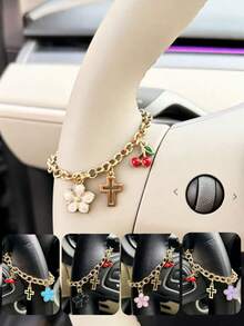 1pc Sweet Cherry Blossom Alloy Flower Cross Decor Chain, Car Steering Wheel Interior Decoration - A - View 2