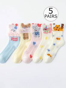 5双装女童/幼儿网眼中筒袜，白色、黄色、蓝色、粉色、橙色、红色，撞色拼接，多色拼接，卡通熊、兔子、猫、鱼、字母、爱心、星星图案，条纹中筒袜，荷叶边装饰，舒适透气，可爱简约，春夏款，轻薄百搭，适合学生日常穿着，返校季必备，可搭配休闲运动鞋、皮鞋。 - 彩色 - 查看 12