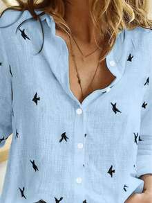 Women's Casual Shirt With Front Button Floral Print Spring - Baby Blue - View 2