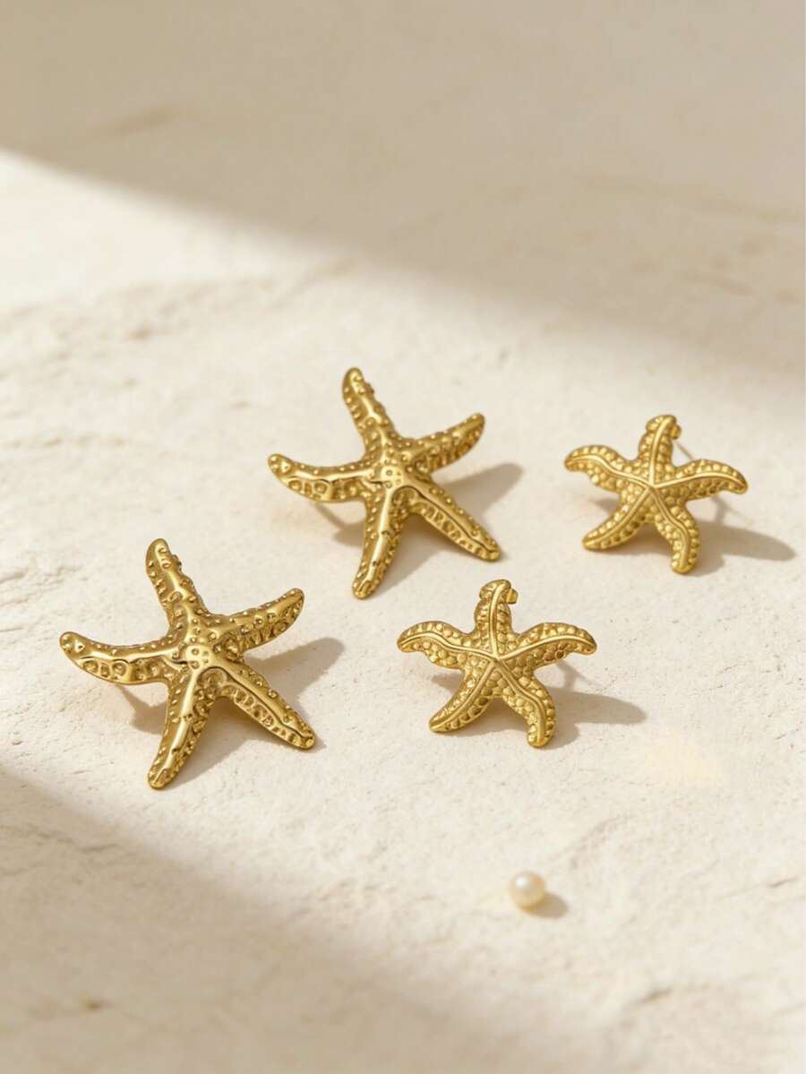 4pcs Fashionable Starfish & Shell Earrings Set, Suitable For Summer Travel And Festivals. Retro Style Gold-Tone Starfish Earrings, Stainless Steel Minimalist Chic Earrings, Personalized Jewelry Gift For Ladies, Jewelry Store - Multicolor - View 1