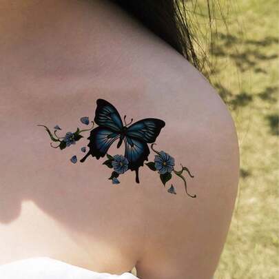 1 miếng dán hình xăm tạm thời giữ được 7-14 ngày, thiết kế hình xăm hoa và bướm bí ẩn tối giản dành cho vai, hình xăm tạm thời chống thấm nước, thời trang, phù hợp cho mọi người.