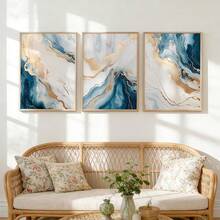 3 Piezas Pintura en lienzo de mármol abstracto azul y dorado, impresiones modernas de lujo de tinta fluida y geoda, decoración abstracta de dorado y azul verdoso para sala de estar y dormitorio, decoración minimalista y bohemia para el hogar, sin marco - 810 - Ver 2