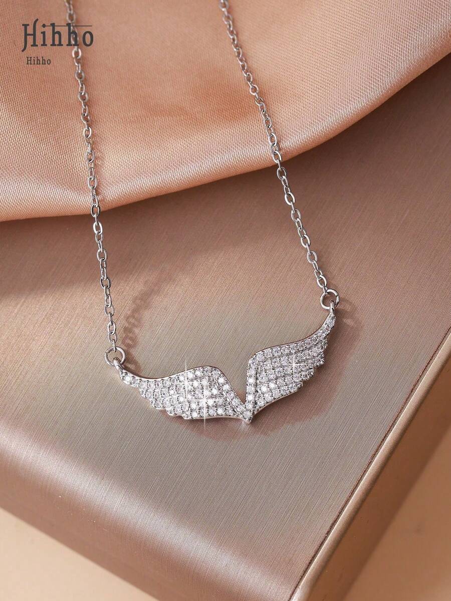 Hihho 1pc Luxury Women's Pendant Necklace With Zirconia Gems Inlaid Angel Wing & Hollow Water Drop Design, Jewelry Gift - 黃金 - 查看 1