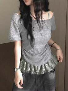 Bộ 2 món gồm áo croptop ren nhún bèo thắt nơ và áo hai dây, trang phục gợi cảm hở hang. - Xám - Xem 1