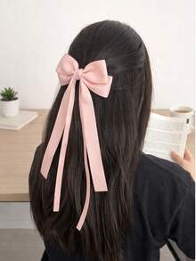 Satin Ribbon Bow Hair Clip, Soft & Sweet Style, Versatile For Daily, Campus, Date, Flatters Back Of Head Shape - Pink - View 5