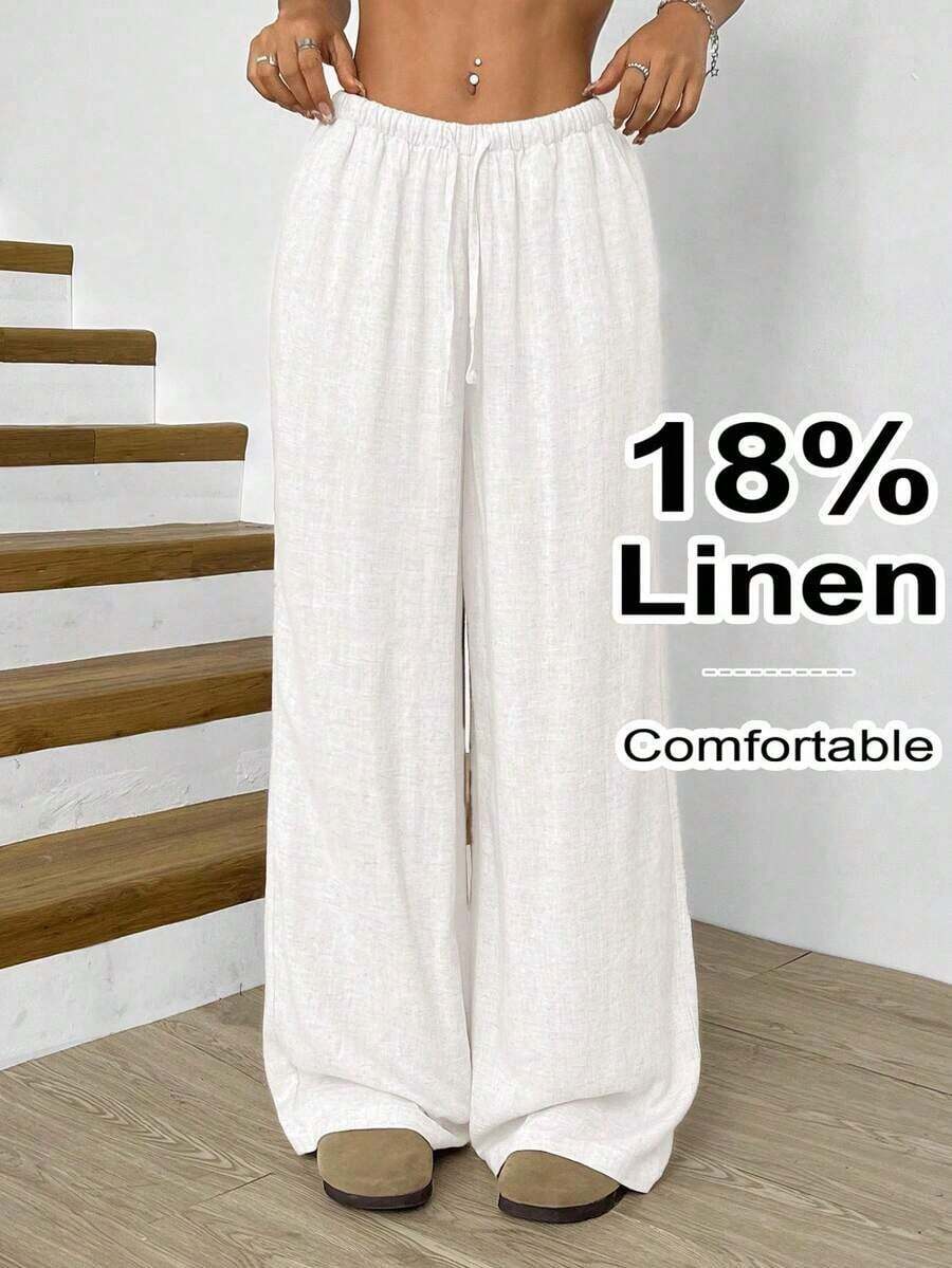 Solflare Plus Size Women Apricot Drawstring Waist Wide Leg Casual Pants Summer Pants,Business Casual Woman - trắng - Xem 1