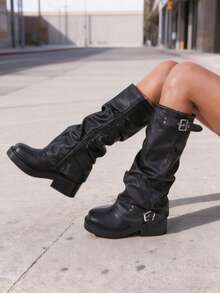 Giày bốt đen xếp ly cao đến giữa bắp chân có khóa kéo, đế dày, bốt thời trang cho nữ, phong cách châu Âu và Mỹ, mùa thu/đông - màu đen - Xem 2