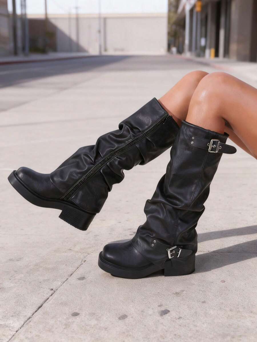 Giày bốt đen xếp ly cao đến giữa bắp chân có khóa kéo, đế dày, bốt thời trang cho nữ, phong cách châu Âu và Mỹ, mùa thu/đông