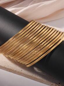 Brazalete de acero inoxidable chapado en oro de 18K con textura vintage y diseño de múltiples capas - Diseño de tono dorado lujoso adecuado para uso diario, fiestas y vestimenta formal - Dorado - Ver 12