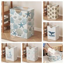 1个海洋主题印花敞口收纳盒，可折叠洗衣篮袋，带木柄，家用浴室可折叠脏衣篮 - 彩色 - 查看 2