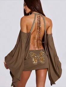 Summer Outfits For Women Vacation Outfits Women Summer Dresses For Women Summer Clothes 4th Of July Maija Ropa De Mujer Sexy Backless Butterfly Sequined Club Dress Women Y2K Glitter Bell Sleeve Bodycon Mini Dress - màu nâu - Xem 4