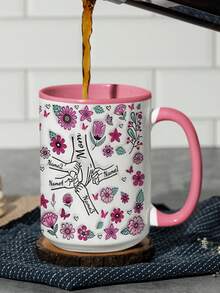 1pc 11oz/15oz Custom Mother's Day Name Mug, Personalized Coffee Cup With Printed Name. The Wrap-Around Pattern On The Mug Can Be Customized With Up To 8 Children Holding Their Mother's Hand. This Mother-Themed Mug With Floral Elements Is An Ideal Gift For Mom And A Unique, Thoughtful Present - 款式3 - 查看 7