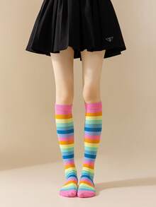 1/3/5 pares/paquete de calcetines de pantorrilla para mujer de colores arcoíris, transpirables y que absorben la humedad, adecuados para usar en primavera y otoño, perfectos para fiestas y reuniones sencillas, e ideales para combinar con atuendos festivos. - Multicolor - Ver 6
