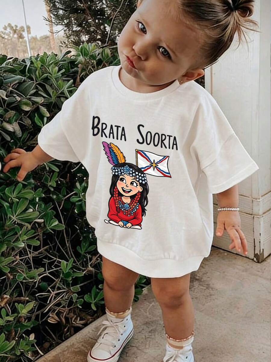 1pc Baby Girls' Creative Cartoon Graphic Letter Slogan Print Basic Round Neck Short Sleeve T-Shirt, Casual & Fashionable Baby Girl Clothing - White - View 1