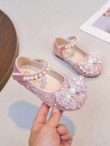 1 Pair Baby Flat Shoes, Girls Princess Shoes With Rhinestones, Spring/Autumn Toddler Shoes - Pink - View 5