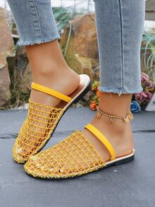 Fashionable Wide Mesh Woven Hollow Roman Sandals, Flat Round Toe Fisherman Slip-On Mules For Summer - Yellow - View 3