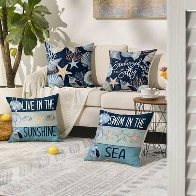 4PCS Summer Ocean Swimming Shell Conch Pillowcase, Living Under The Sun, Sunlight Kisses And Salty Coral Starfish Holiday Seasonal Cushion Cover Decoration, Single-Sided Without Pillow Insert