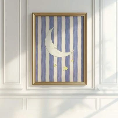 1幅无框月亮和星星日夜彩色奇趣儿童房墙艺术帆布海报印刷可爱装饰卧室、宿舍房间装饰