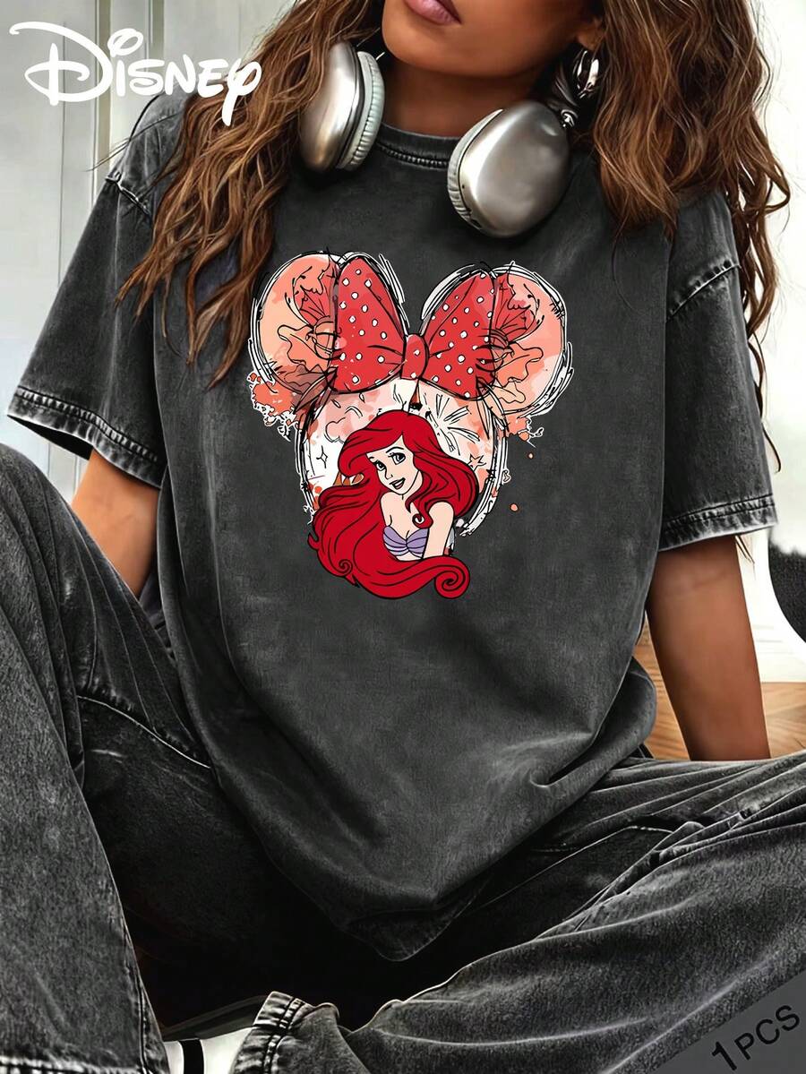 Disney Summer Clothing Little Mermaid Ariel Cartoon Print Pattern, Washed Cotton Round Neck Loose Short Sleeved T-Shirt, Micro Elastic Fabric, Suitable For Daily, Retro And Street Wear - Black - View 1