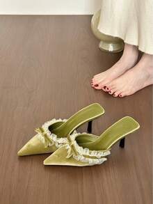 Dép mules mũi nhọn bằng nhung kiểu Pháp, thiết kế nơ ren, toát lên vẻ lãng mạn và dịu dàng kiểu Pháp, phù hợp cho dạo phố, dự tiệc, hẹn hò, kỳ nghỉ, đi làm, giày thời trang đa năng dành cho nữ. - màu xanh lá - Xem 2
