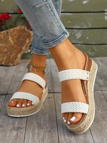 White Woven Double-Strap Thick-Soled Slide Sandals For Women, Summer Straw Platform Wedge Slippers - 白色 - 查看 5