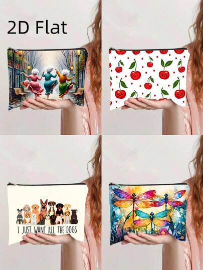 1 chiếc túi đựng đồ vệ sinh cá nhân in hình chủ đề Cuộc sống và Thiên nhiên, với hình ảnh bà ngoại nhảy múa đường phố, quả anh đào hoạt hình, bộ sưu tập gia đình chó và họa tiết chuồn chuồn màu nước, túi đựng đồ di động, túi đựng mỹ phẩm có khóa kéo, hộp đựng văn phòng phẩm cho học sinh, phụ kiện thời trang hàng ngày.