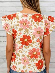 Blusa de manga corta con volantes y estampado floral bohemio para vacaciones, color rojo - Rojo - Ver 2