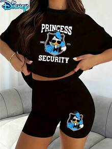 Disney Two-Piece Set, T-Shirt + Shorts Outfit, Funny Donald Duck Princess Security Graphic Print Casual Set, Comfortable Black Short Sleeve T-Shirt And Shorts Ensemble, Perfect For Outdoor Activities - màu đen - Xem 1