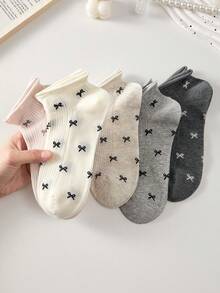 5 đôi tất cổ ngắn nữ họa tiết nơ, kiểu dáng ngọt ngào và mỏng nhẹ, hàng mới về mùa xuân, tất cổ bo màu trắng/hồng/xám, phù hợp cho mọi mùa, màu ngẫu nhiên. - Nhiều màu - Xem 7