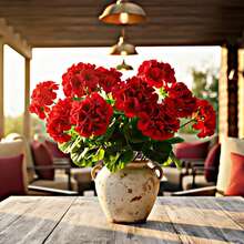 1/4 pieza Flor de geranio de seda artificial, planta de geranio falsa para decoración del hogar, jardín interior, balcón, tumba, jarrón, mesa - Rojo - Ver 4
