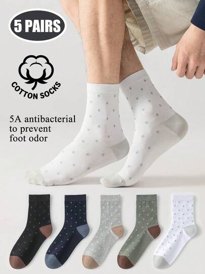 1/5 Pairs Men's Business Cotton Crew Socks, 5A Grade Antibacterial Odor-Resistant Breathable Mid-Calf Socks, Polka Dot Pattern Formal Office Casual Socks