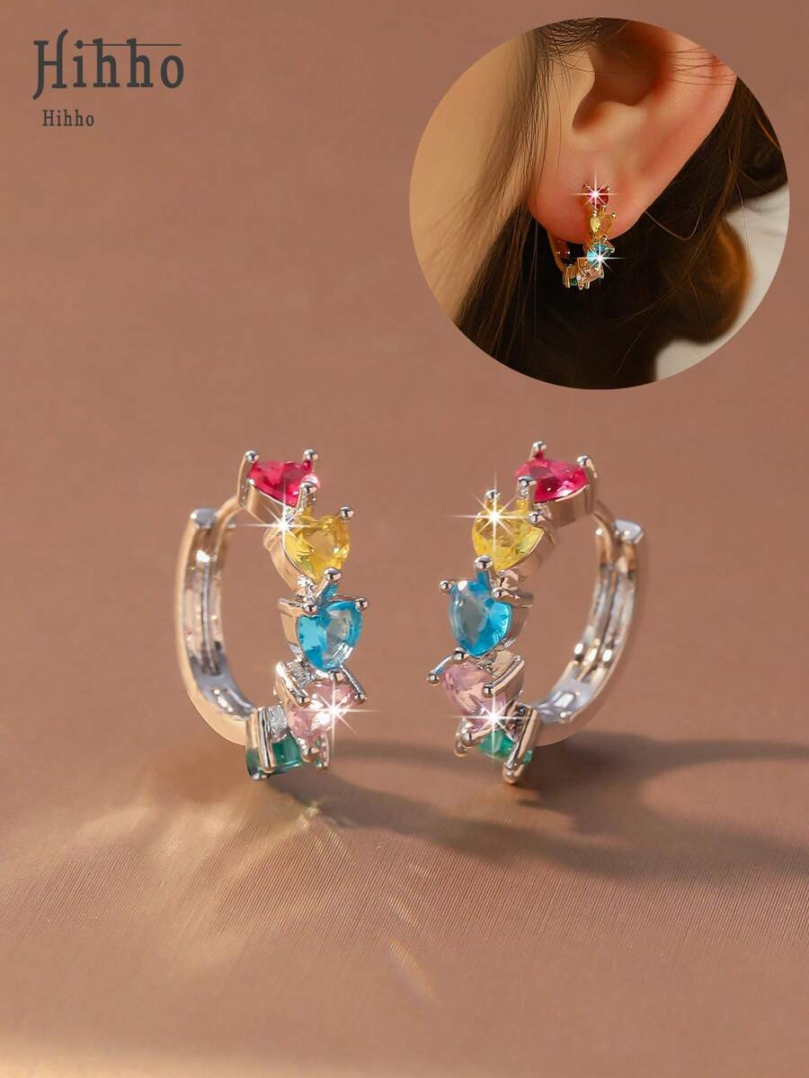 Hihho 1 Pair Rainbow Heart Hoop Earrings, Silver/Gold Plated, Luxury European Style Inlaid Zirconia Earrings, Sweet Elements With Colorful Gems, Versatile For Gifting, Commuting And Dating - Heart-shaped Earrings - View 1