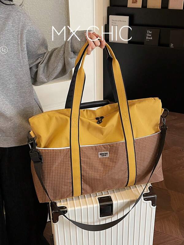 1 Stück Damen Farbblock Nylon Outdoor Sport Tasche, große Kapazität Mode Karomuster Schultertasche, geeignet für Outdoor Sport, Urlaub, Reisen, Geschäftsnutzung