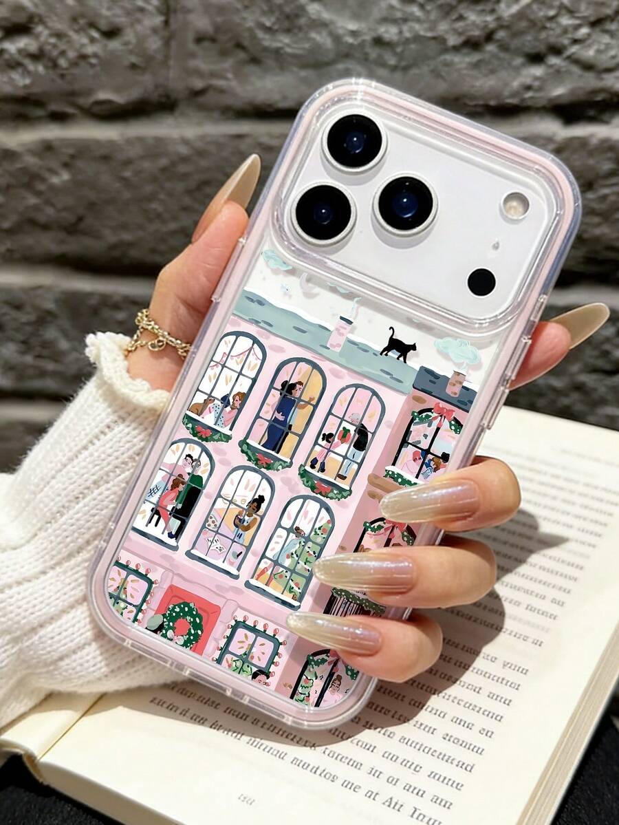 1pc Unique Happy House Dancing Scenery Graphic Pink Transparent TPU Phone Case Compatible With IPhone 16/16Pro/15/15ProMax/15Pro/11/12/13/14ProMax/12Pro/12ProMax/13Pro/13ProMax/14Pro/14ProMax, Creative & Elegant - Multicolor - View 1