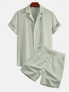 Bộ vest nam dáng ôm thời trang kẻ sọc, thoáng khí, cúc phối màu tương phản, túi xéo, cổ áo dây rút, thiết kế mở phía trước, thích hợp cho công sở, thấm hút mồ hôi, bán chạy nhất mùa hè, 2 món. - màu xanh lá - Xem 1