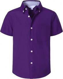 Oxford School Shirt For Boys - Short Sleeve Button Down With Pocket, Classic Fit For Uniform & Formal Wear - Dark Purple - View 1